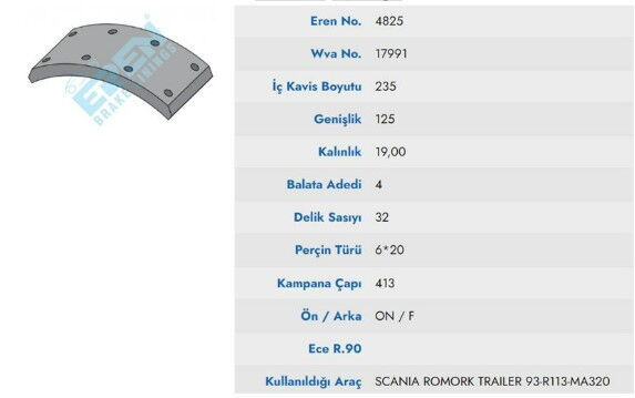 KAMPANA BALATA SCANIA ROMORK CEKICI 93 ON - R 113  17991