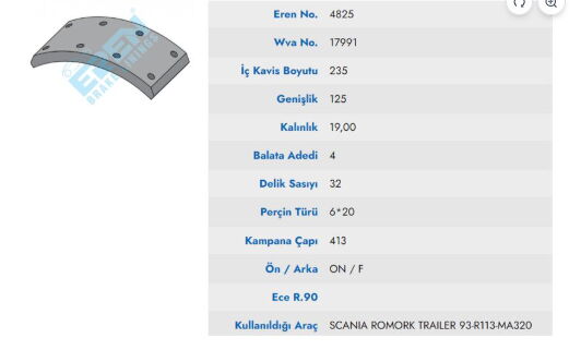 KAMPANA BALATA SCANIA ROMORK CEKICI 93 ON - R 113  17991