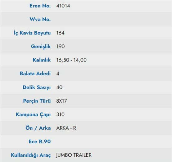 KAMPANA BALATA JUMBO TREYLER 19 GENISLIK 19604