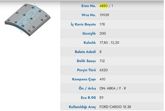 KAMPANA BALATA YENI MODEL FORD CARGO 18.38 ORGANIC 19939