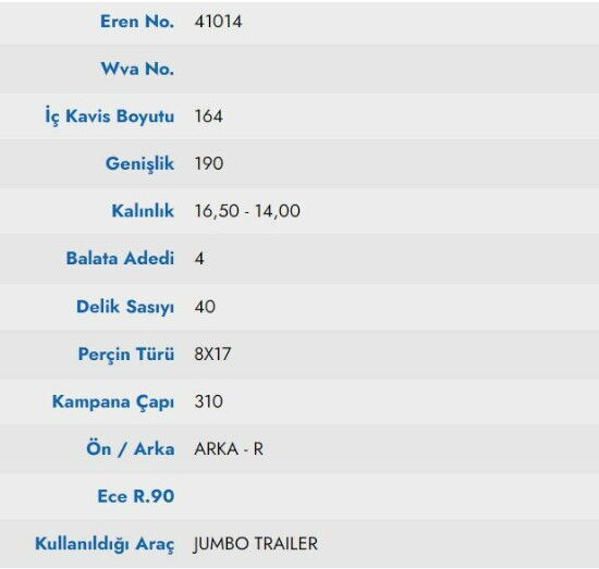 KAMPANA BALATA JUMBO TREYLER 19 GENISLIK ORGANIC 19604