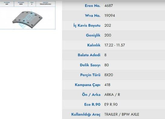 FULLORGANIK KAMPANA BALATA MUHTELIF BPW DORSE  19094