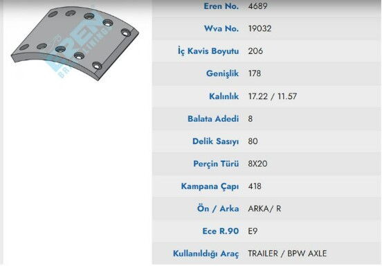 KAMPANA BALATA MUHTELIF TREYLER / PILOT / YILDIZ / 19032