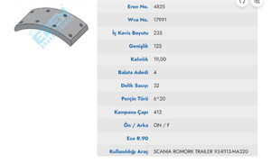  KAMPANA BALATA SCANIA ROMORK CEKICI 93 ON - R 113  17991