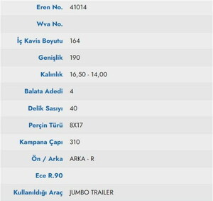  KAMPANA BALATA JUMBO TREYLER 19 GENISLIK 19604