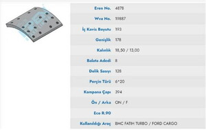  KAMPANA BALATA BMC FATIH TURBO / FORD CARGO ON - A 19887