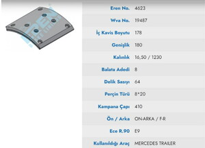  KAMPANA BALATA MAN MERCEDES CEKICI BALATASI ORGANI 19487